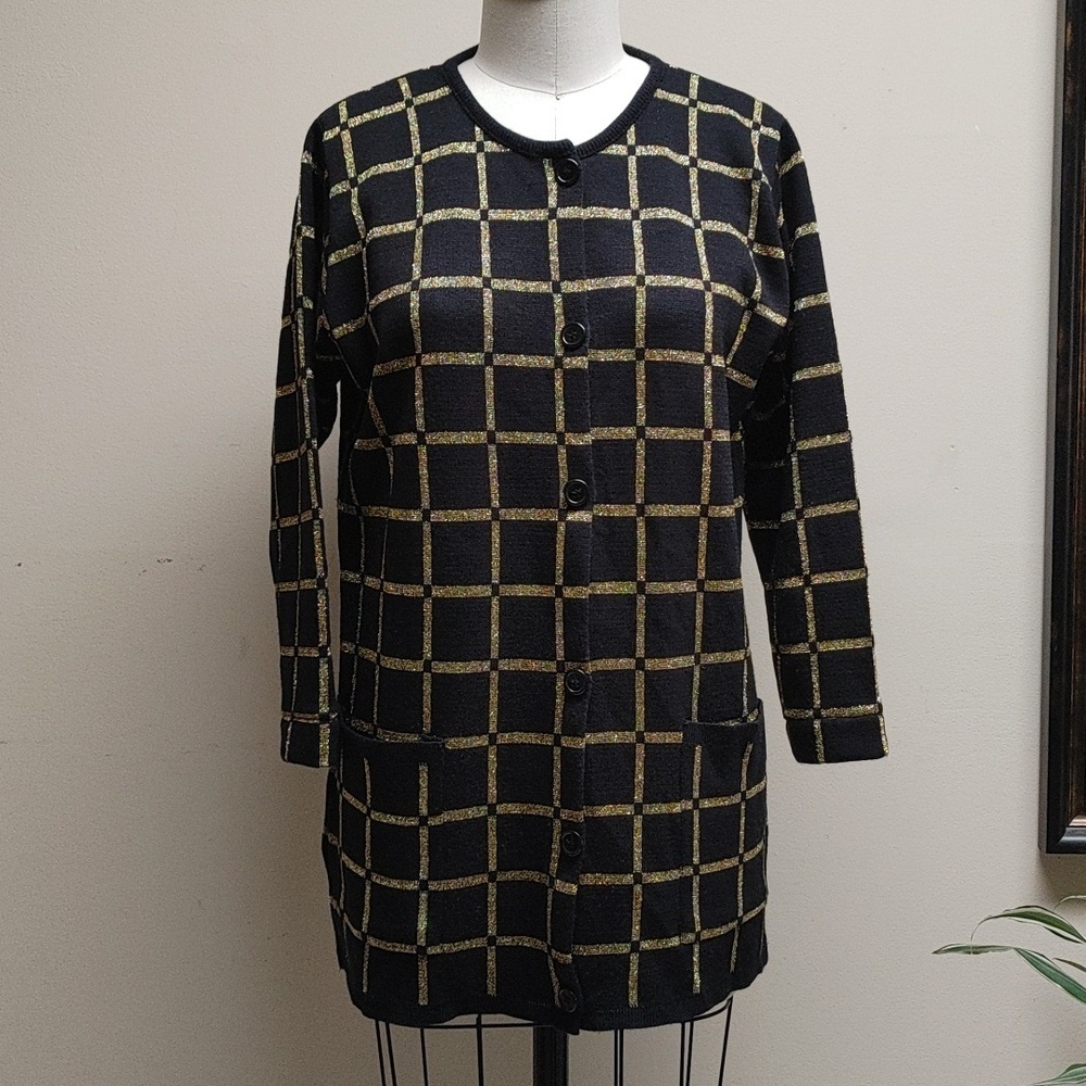VTG Karen Lessly Tunic Black & Gold Lamé Button Down Sweater w Pockets